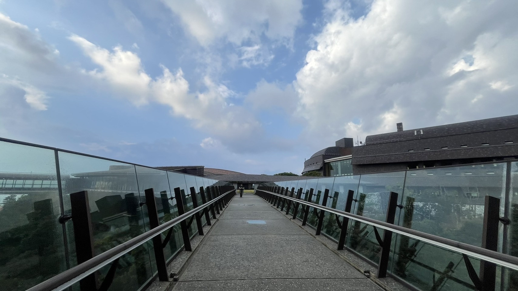 沖縄の空の下、ガラスの手すりの向こうにキャンパスの建物が見える連絡橋